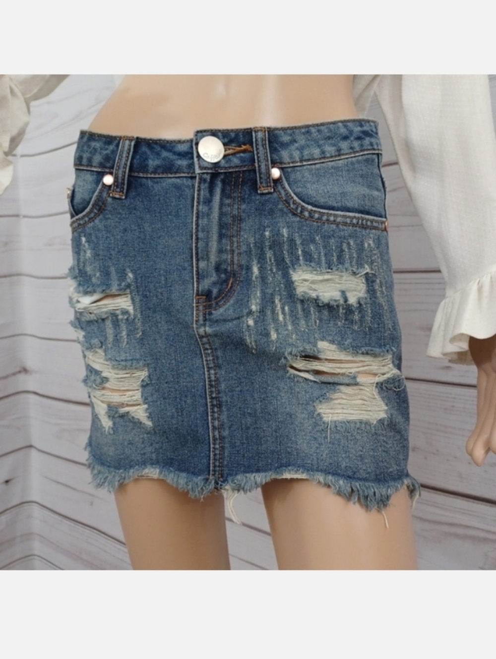 Caffeine Distressed Casual Denim Cotton Western Streetwear Blue Jean Mini Skirt